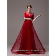 Alibaba Elegante largo nuevo diseñador de manga corta de color rojo Tulle playa vestidos de noche o vestido de dama de honor LE27